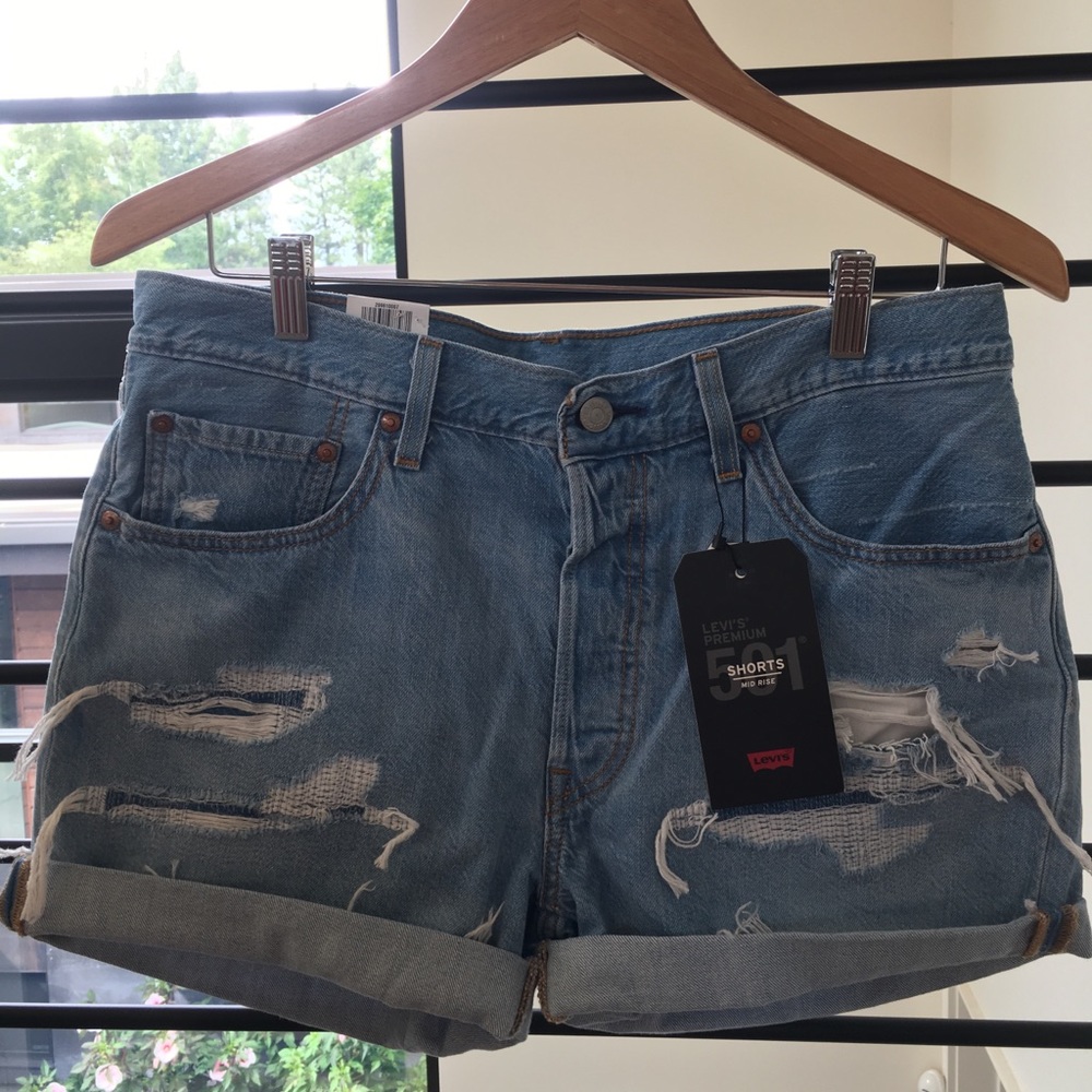 Brand new Levi’s 501 mid rise, blue denim shorts
